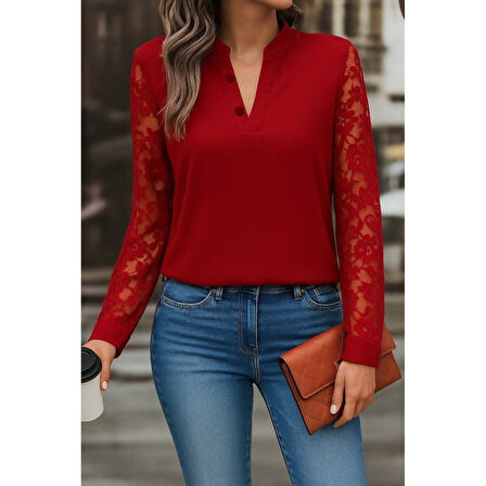 Lucky Life Kadın Uzun Kollu Yaka Düğme Detay Güpürlü Kol Krep Bluz