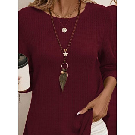 Lucky Life Kadın Uzun Kollu Yuvarlak Yaka Arkadan Düğmeli Waffle Bluz