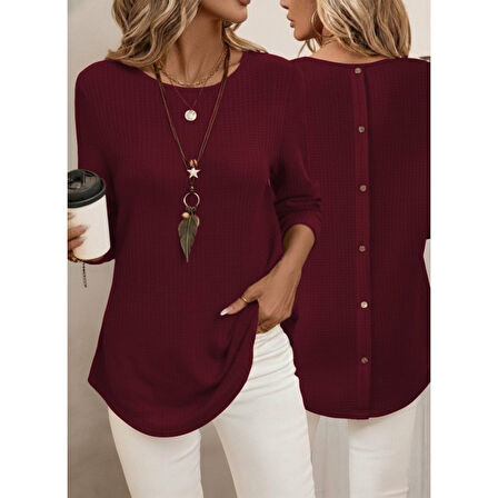 Lucky Life Kadın Uzun Kollu Yuvarlak Yaka Arkadan Düğmeli Waffle Bluz