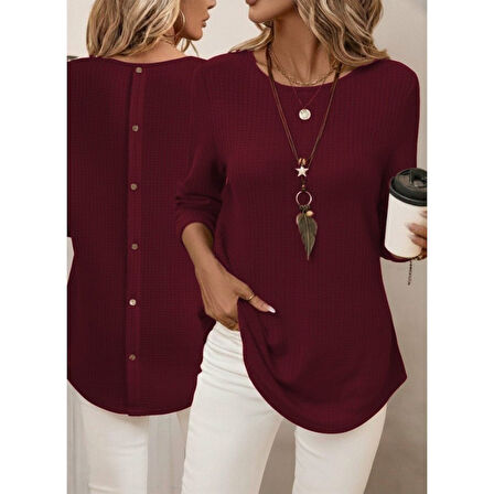 Lucky Life Kadın Uzun Kollu Yuvarlak Yaka Arkadan Düğmeli Waffle Bluz