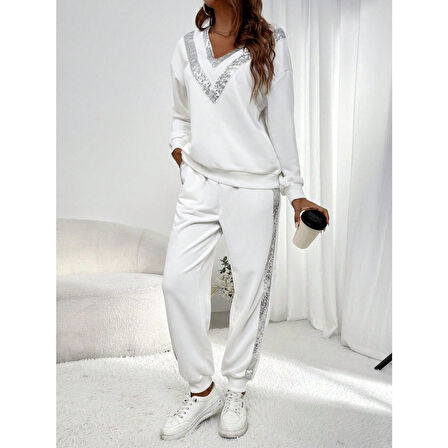 Lucky Life Lucky Life Kadın Uzun Kollu V Yakalı Pulpayetli Viskon Iki Iplik Bluz Ve Pantolon