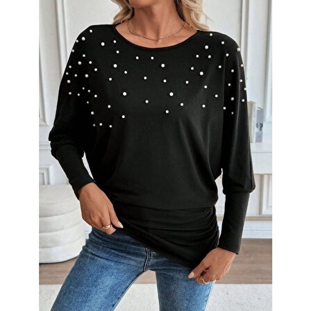 Lucky Life Kadın Uzun Kollu Yuvarlak Yaka Incili Viskon Bluz