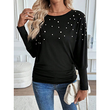 Lucky Life Kadın Uzun Kollu Yuvarlak Yaka Incili Viskon Bluz