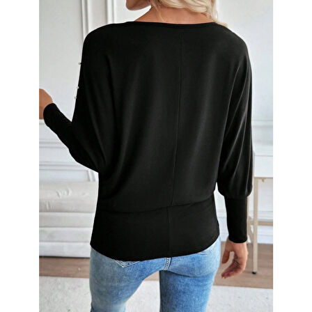 Lucky Life Kadın Uzun Kollu Yuvarlak Yaka Incili Viskon Bluz