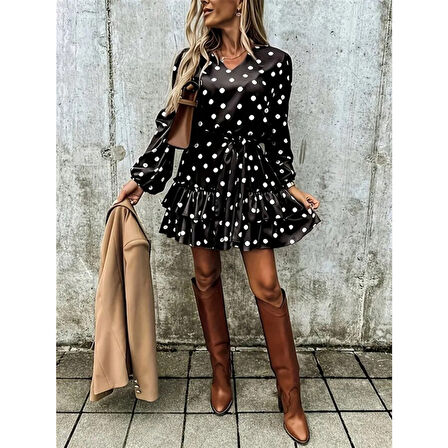 Lucky Life Kadın Uzun Kollu V Yakalı Belden Kuşaklı Puantiyeli Mini Modal Elbise