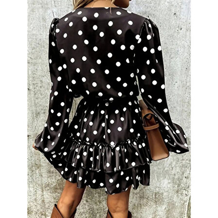 Lucky Life Kadın Uzun Kollu V Yakalı Belden Kuşaklı Puantiyeli Mini Modal Elbise