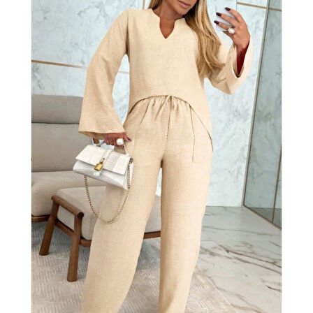 Lucky Life Kadın Uzun Kollu V Yakalı Keten Bluz Bağcıklı Pantolon Ikili Takım