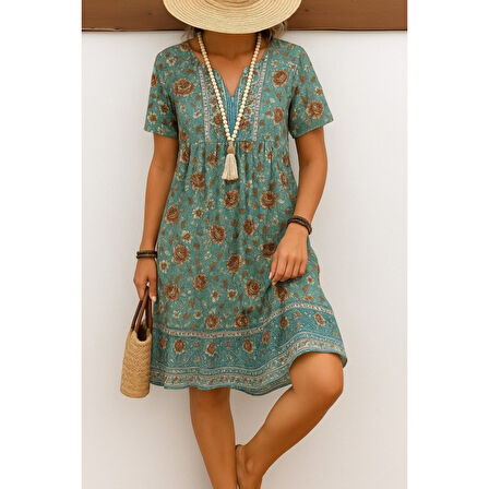 Lucky Life Kadın Kısa Kollu Yakası Bağcıklı önden Düğmeli Fırfır Desenli Süprem Elbise