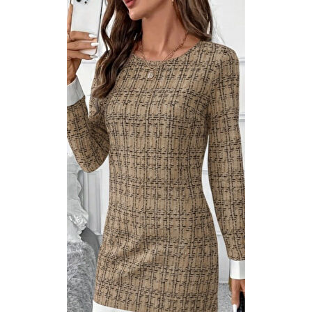 Lucky Life Lucky Life Kadın Uzun Kollu Yuvarlak Yaka Etek Ucu şerit Detaylı Mini Dokuma Elbise