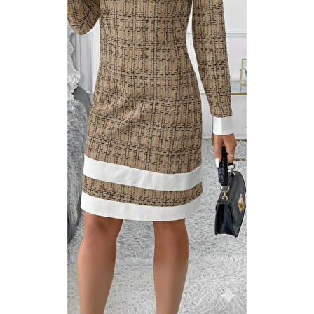 Lucky Life Lucky Life Kadın Uzun Kollu Yuvarlak Yaka Etek Ucu şerit Detaylı Mini Dokuma Elbise