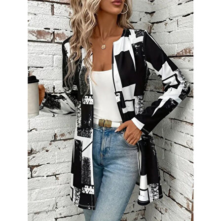 Lucky Life Kadın Uzun Kollu önü Açık Desenli Modal Kısa Ceket