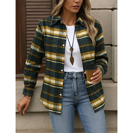 Lucky Life Kadın Uzun Kollu Kare Desenli önden Düğmeli Dokuma Gömlek