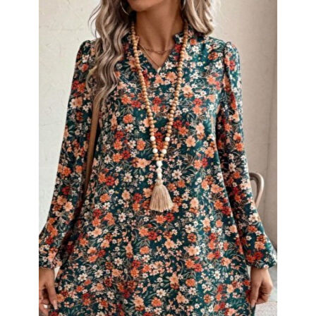 Lucky Life Kadın  Uzun Kollu V Yakalı Desenli Modal Mini Elbise