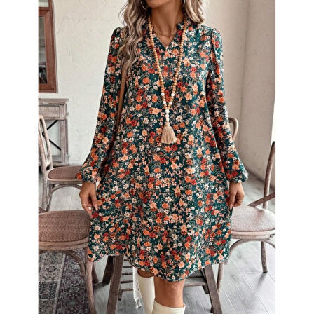 Lucky Life Kadın  Uzun Kollu V Yakalı Desenli Modal Mini Elbise