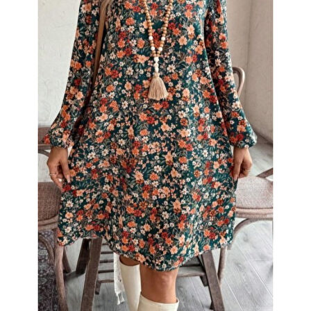 Lucky Life Kadın  Uzun Kollu V Yakalı Desenli Modal Mini Elbise