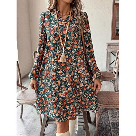 Lucky Life Kadın  Uzun Kollu V Yakalı Desenli Modal Mini Elbise