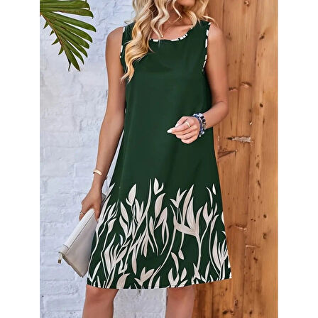 Lucky Life Kadın Askılı Yuvarlak Yakalı Yaprak Desenli Dalgıç Elbise