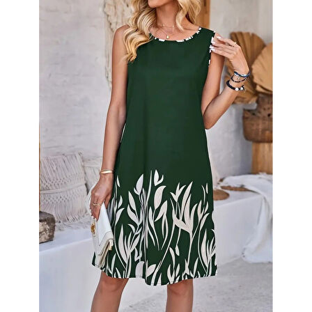 Lucky Life Kadın Askılı Yuvarlak Yakalı Yaprak Desenli Dalgıç Elbise