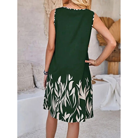 Lucky Life Kadın Askılı Yuvarlak Yakalı Yaprak Desenli Dalgıç Elbise