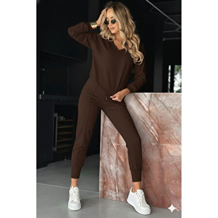 Lucky Life Kadın Uzun Kollu V Yakalı Viskon Iki Iplik Bluz Ve Pantolon Ikili Takım