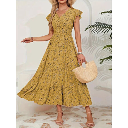 Lucky Life Kadın Kısa Kollu Kruvaze Yaka Beli Lastikli çiçek Desenli Elbise