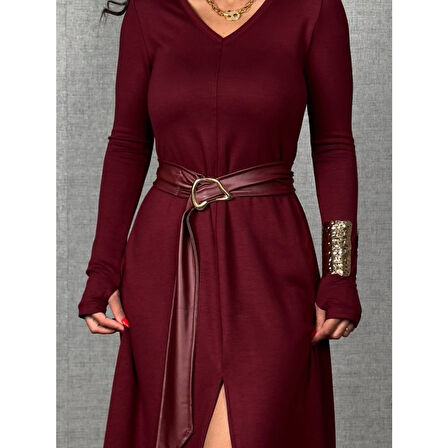 Lucky Life Kadın Uzun Kollu Yakalı Belden Deri Detaylı Kuşaklı Yırtmaçlı Midi Viskon Iki Iplik Elbise