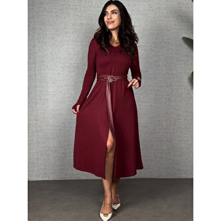 Lucky Life Kadın Uzun Kollu Yakalı Belden Deri Detaylı Kuşaklı Yırtmaçlı Midi Viskon Iki Iplik Elbise