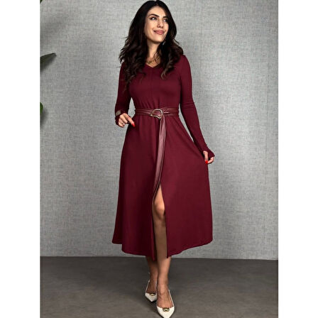 Lucky Life Kadın Uzun Kollu Yakalı Belden Deri Detaylı Kuşaklı Yırtmaçlı Midi Viskon Iki Iplik Elbise