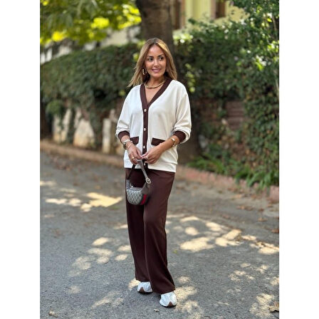 Lucky Life Kadın Uzun Kollu Ribanali Cep Detay Hırka Ve Bol Paça Pantolon Ikili Takım