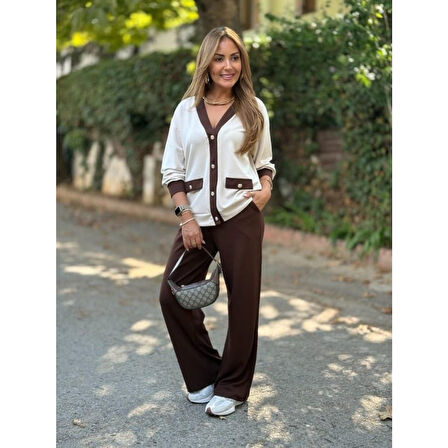 Lucky Life Kadın Uzun Kollu Ribanali Cep Detay Hırka Ve Bol Paça Pantolon Ikili Takım