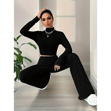 Lucky Life Kadın Uzun Kollu Balıkçı Yaka Krop Ve Pantolon şardonlu Kaşkorse Ikili Takım