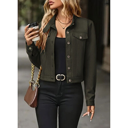 Lucky Life Kadın Uzun Kollu önden Düğmeli Kısa Süet Ceket