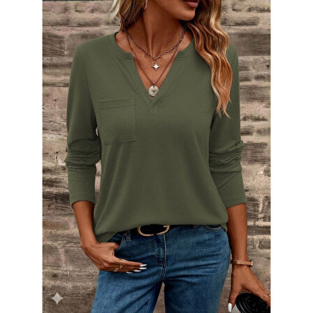 Lucky Life Lucky Life Kadın Uzun Kollu Cepli V Yakalı Viskon Iki Iplik Bluz