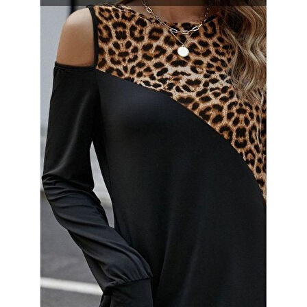 Lucky Life Kadın Uzun Kollu Omuzdan Açık Leopar Desenli Viskon Iki Iplik Mini Elbise