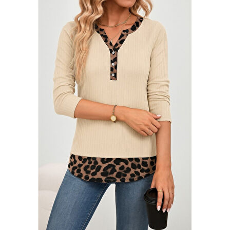 Lucky Life Kadın Uzun Kollu Yakadan Düğmeli Leopar Detaylı Kaşkorse Bluz