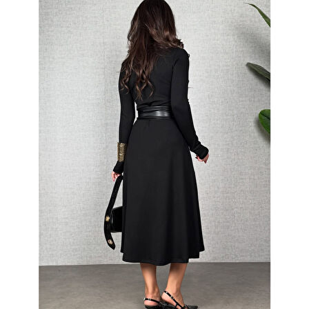 Lucky Life Kadın Uzun Kollu Yakalı Belden Deri Detaylı Kuşaklı Yırtmaçlı Midi Viskon Iki Iplik Elbise