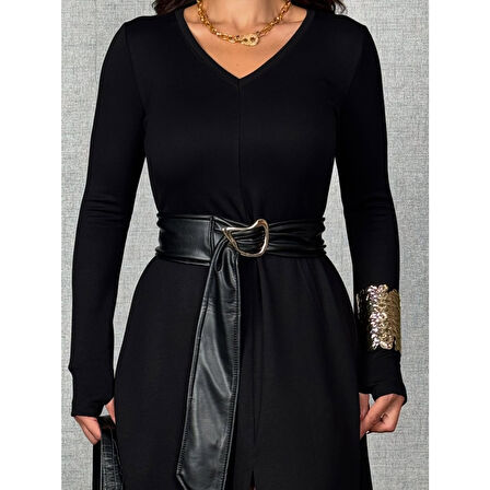 Lucky Life Kadın Uzun Kollu Yakalı Belden Deri Detaylı Kuşaklı Yırtmaçlı Midi Viskon Iki Iplik Elbise