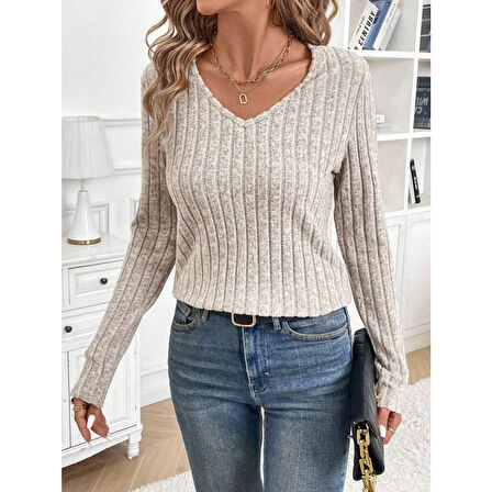 Lucky Life Kadın Uzun Kollu V Yakalı Arkadan Dantel Detaylı şardonlu Kaşkorse Bluz