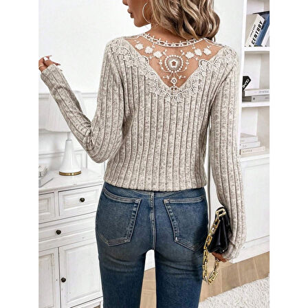 Lucky Life Kadın Uzun Kollu V Yakalı Arkadan Dantel Detaylı şardonlu Kaşkorse Bluz