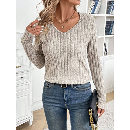 Lucky Life Kadın Uzun Kollu V Yakalı Arkadan Dantel Detaylı şardonlu Kaşkorse Bluz