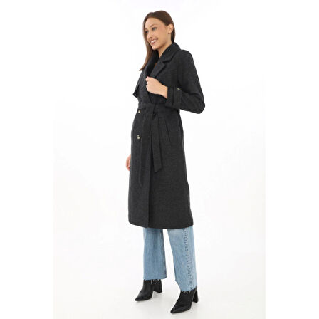 Premium Kaşe Kaban Uzun Boy, Balık Sırtı Yünlü Kaşmir Dokuma, Kruvaze Kuşaklı Astarlı - Siyah