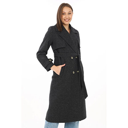 Premium Kaşe Kaban Uzun Boy, Balık Sırtı Yünlü Kaşmir Dokuma, Kruvaze Kuşaklı Astarlı - Siyah