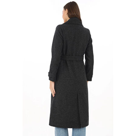 Premium Kaşe Kaban Uzun Boy, Balık Sırtı Yünlü Kaşmir Dokuma, Kruvaze Kuşaklı Astarlı - Siyah