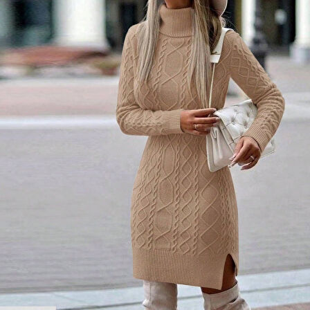 Lucky Life  Yünlü Motifli Midi Boy Triko Elbise