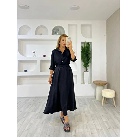 Lucky Life Kadın Keten Kumaş Gömlek Ve Etek Ikili Takim