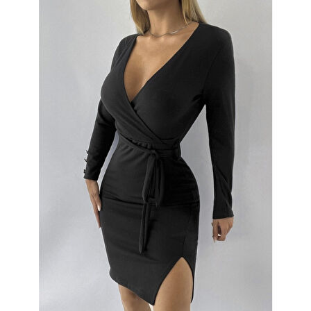 Lucky Life Kadın Uzun Kollu Kruvaze Yaka Bağcık Detay Akrilik Mini Boy Elbise