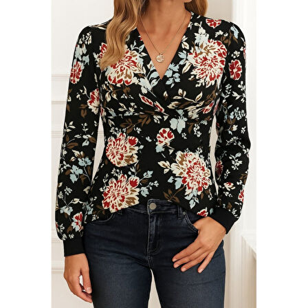 Lucky Life Lucky Life Kadın Uzun Kollu Kruvaze Yakalı Kelebek Desenli şardonlu Dalgıç Bluz