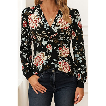 Lucky Life Lucky Life Kadın Uzun Kollu Kruvaze Yakalı Kelebek Desenli şardonlu Dalgıç Bluz