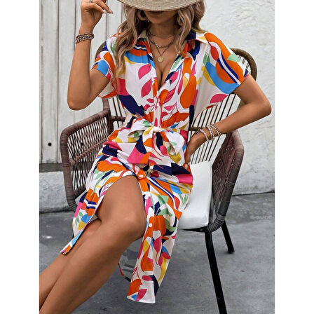 Lucky Life Kadın Kısa Kollu Yakalı önü Düğmeli önden Drapeli Desenli Süprem Elbise