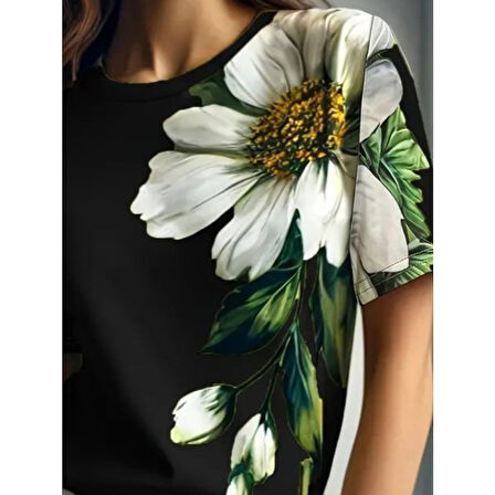 Lucky Life Kadın Kısa Kollu Bisiklet Yaka çiçek Baskılı Süprem Bluz